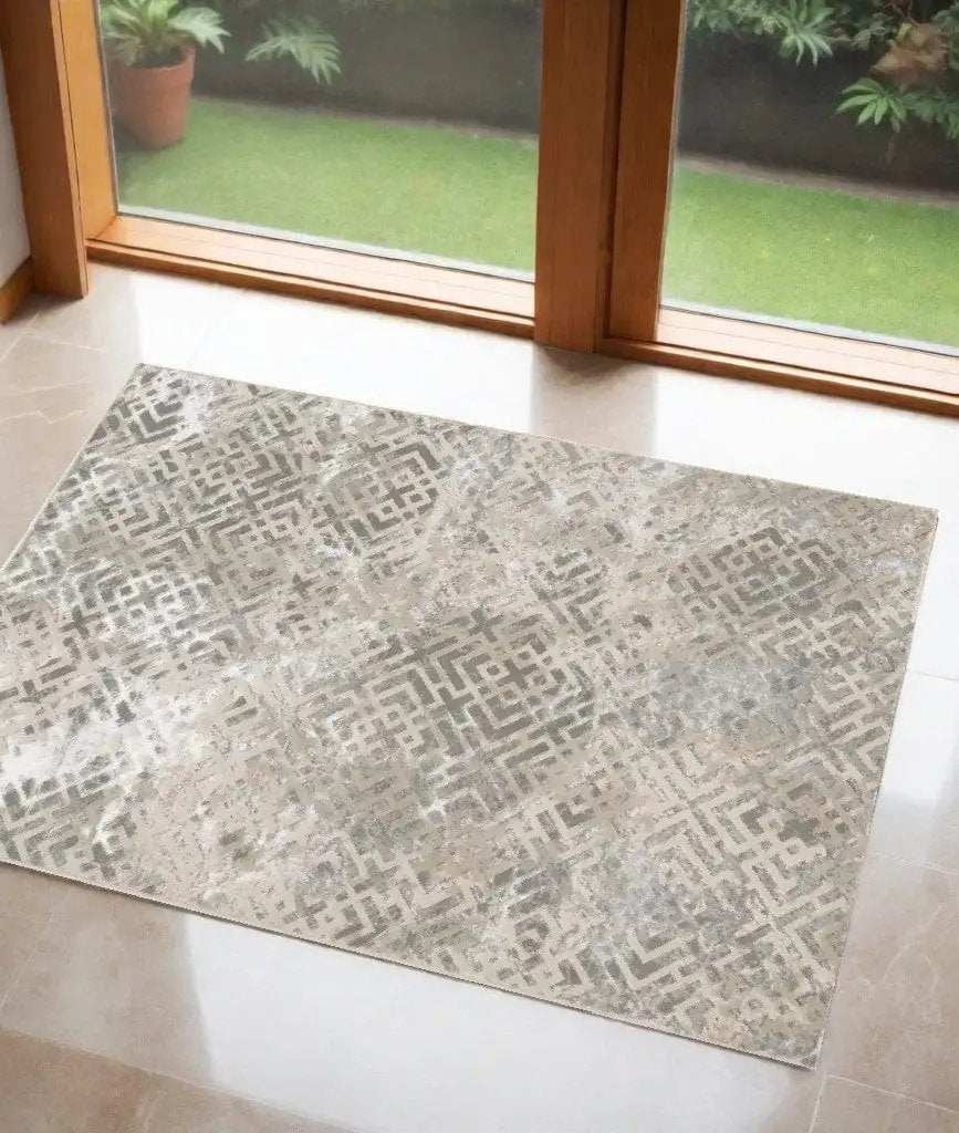 3' X 5' Sand Geometric Distressed Area Rug - Homeroots - Flyclothing LLC