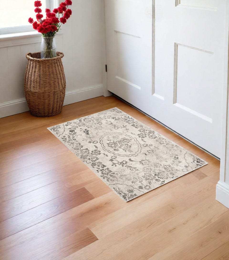 3' X 5' Gray Floral Vines Distressed Area Rug - Homeroots - Flyclothing LLC