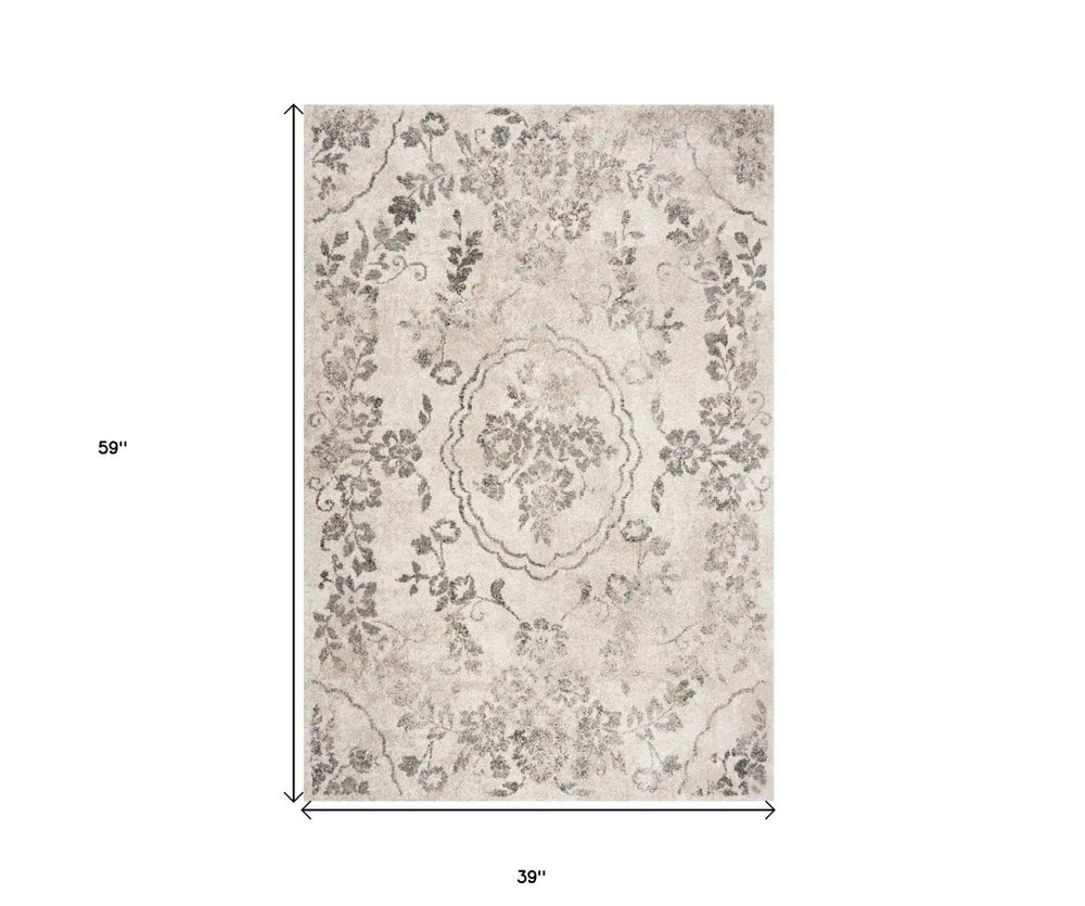 3' X 5' Gray Floral Vines Distressed Area Rug - Homeroots - Flyclothing LLC