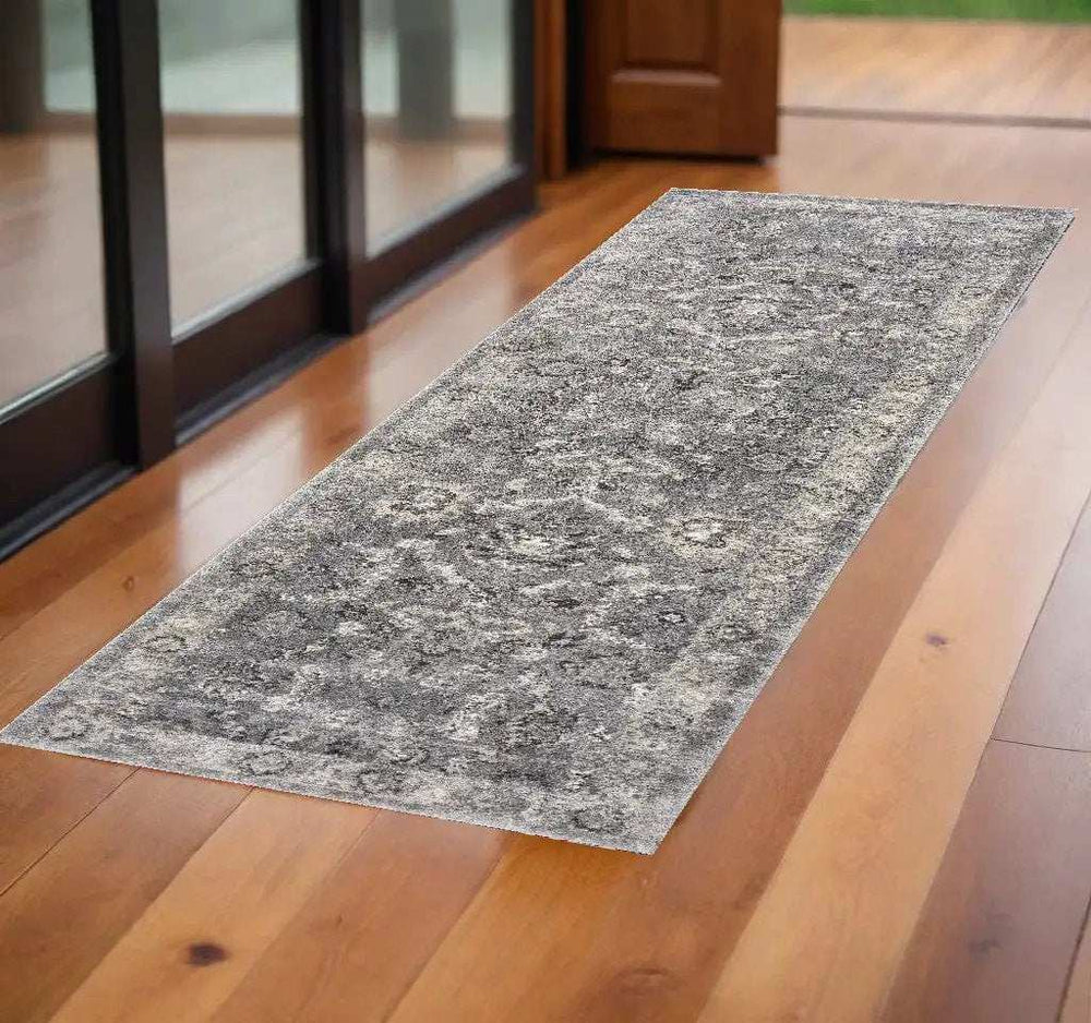 7' Gray Floral Worn Faded Runner Rug - Homeroots - Flyclothing LLC