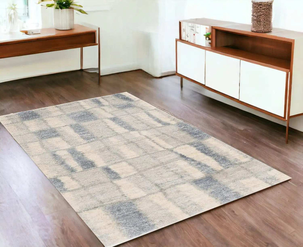 4' X 6' Ivory Blue Machine Woven Abstract Blocks Indoor Area Rug - Homeroots - Flyclothing LLC