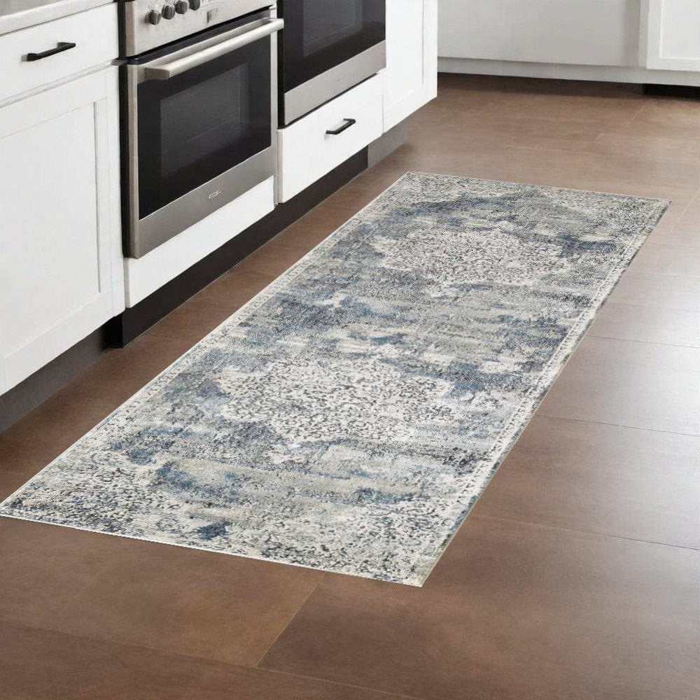 8' Ivory Machine Woven Distressed Diamond Floral Medallion Indoor Runner Rug - Homeroots - Flyclothing LLC