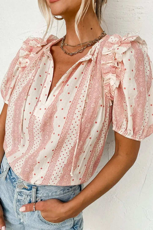 Frilled Short Puff Sleeve Mixed Print Blouse - Trendsi - Flyclothing LLC