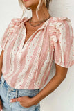 Frilled Short Puff Sleeve Mixed Print Blouse - Trendsi - Flyclothing LLC