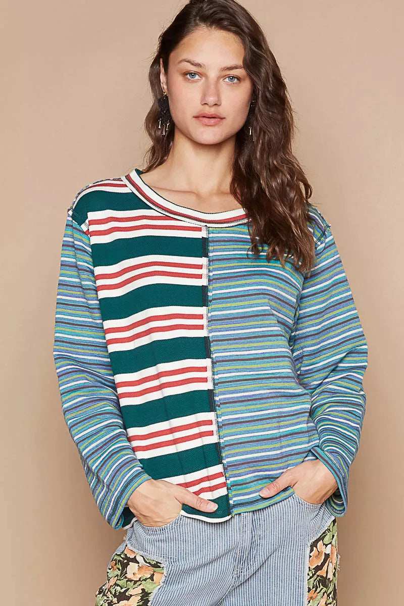 POL Color Block Striped Round Neck Long Sleeve T-Shirt - Trendsi - Flyclothing LLC