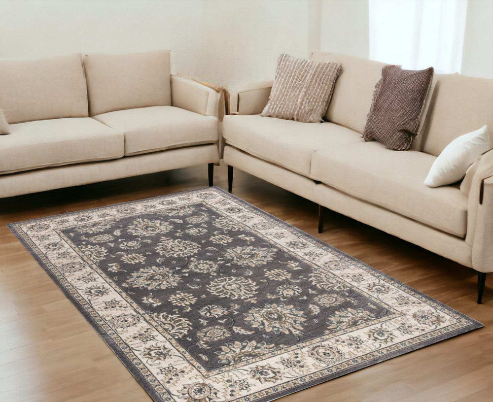 5' X 8' Grey Or Ivory Floral Vines Bordered Area Rug - Homeroots - Flyclothing LLC