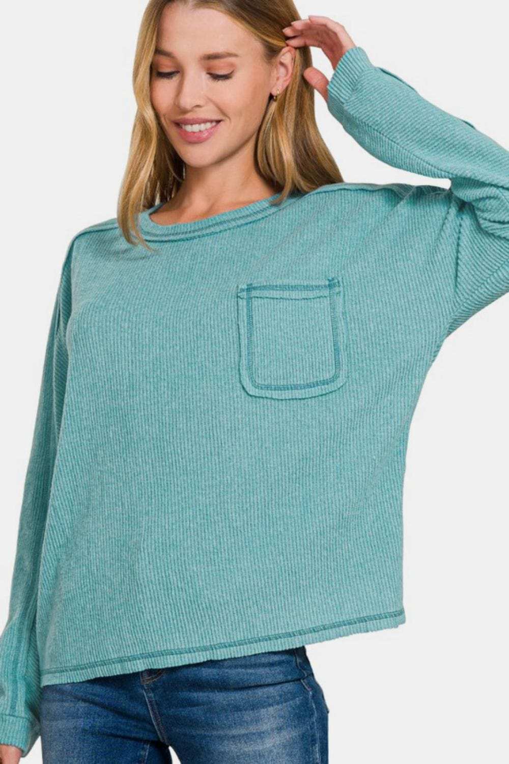 Zenana Full Size Contrast Stitching Brushed Ribbed Hacci Knit Top Plu Size - Trendsi - Flyclothing LLC