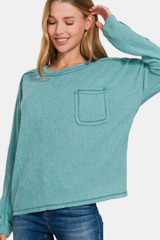 Zenana Full Size Contrast Stitching Brushed Ribbed Hacci Knit Top Plu Size - Trendsi - Flyclothing LLC