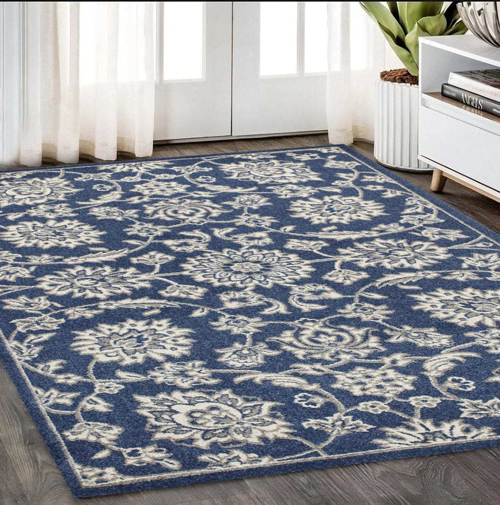 5' X 8' Denim Floral Vines Uv Treated Area Rug - Homeroots - Flyclothing LLC