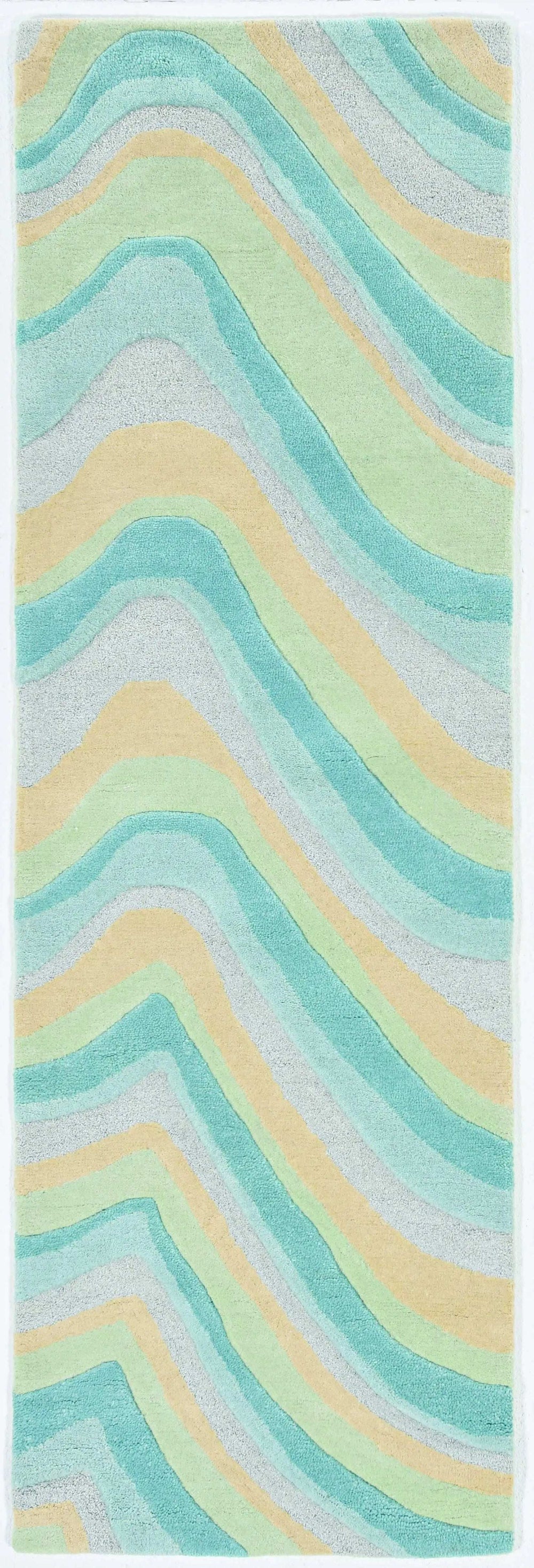 8' Ocean Blue Beige Hand Tufted Abstract Waves Indoor Runner Rug - Homeroots - Flyclothing LLC