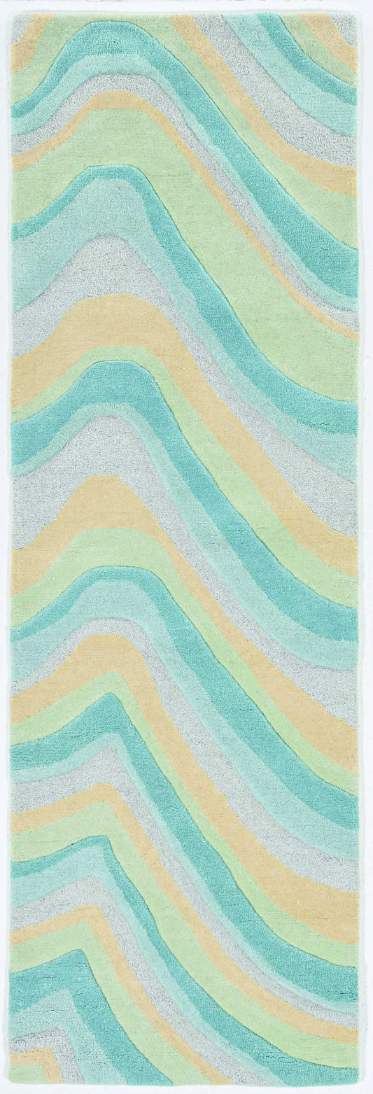 8' Ocean Blue Beige Hand Tufted Abstract Waves Indoor Runner Rug - Homeroots - Flyclothing LLC
