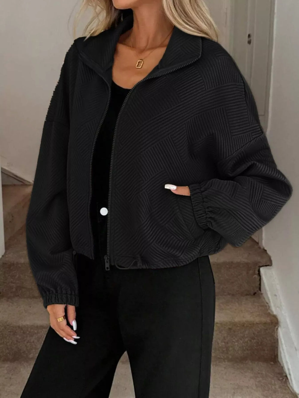 Textured Zip-Up Drawstring Hem Jacket - Trendsi - Flyclothing LLC