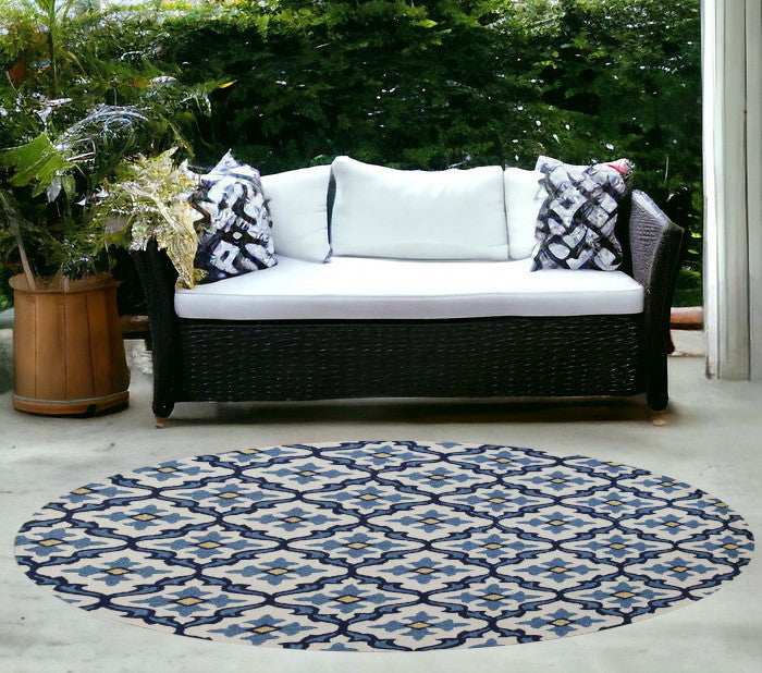 8' Round Ivory and Blue Moroccan Handmade Indoor Outdoor Area Rug - Homeroots - Flyclothing LLC