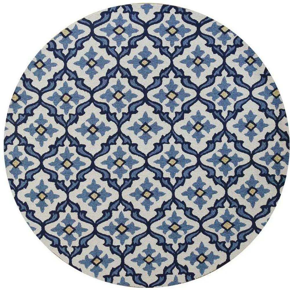 8' Round Ivory and Blue Moroccan Handmade Indoor Outdoor Area Rug - Homeroots - Flyclothing LLC