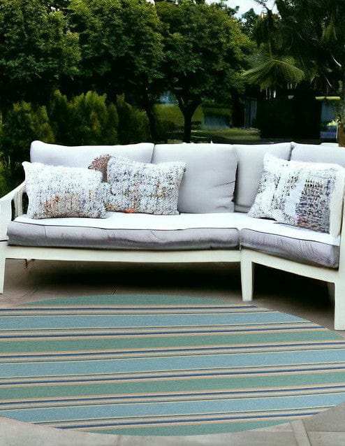 8' Round Blue Round Striped Handmade Indoor Outdoor Area Rug - Homeroots - Flyclothing LLC