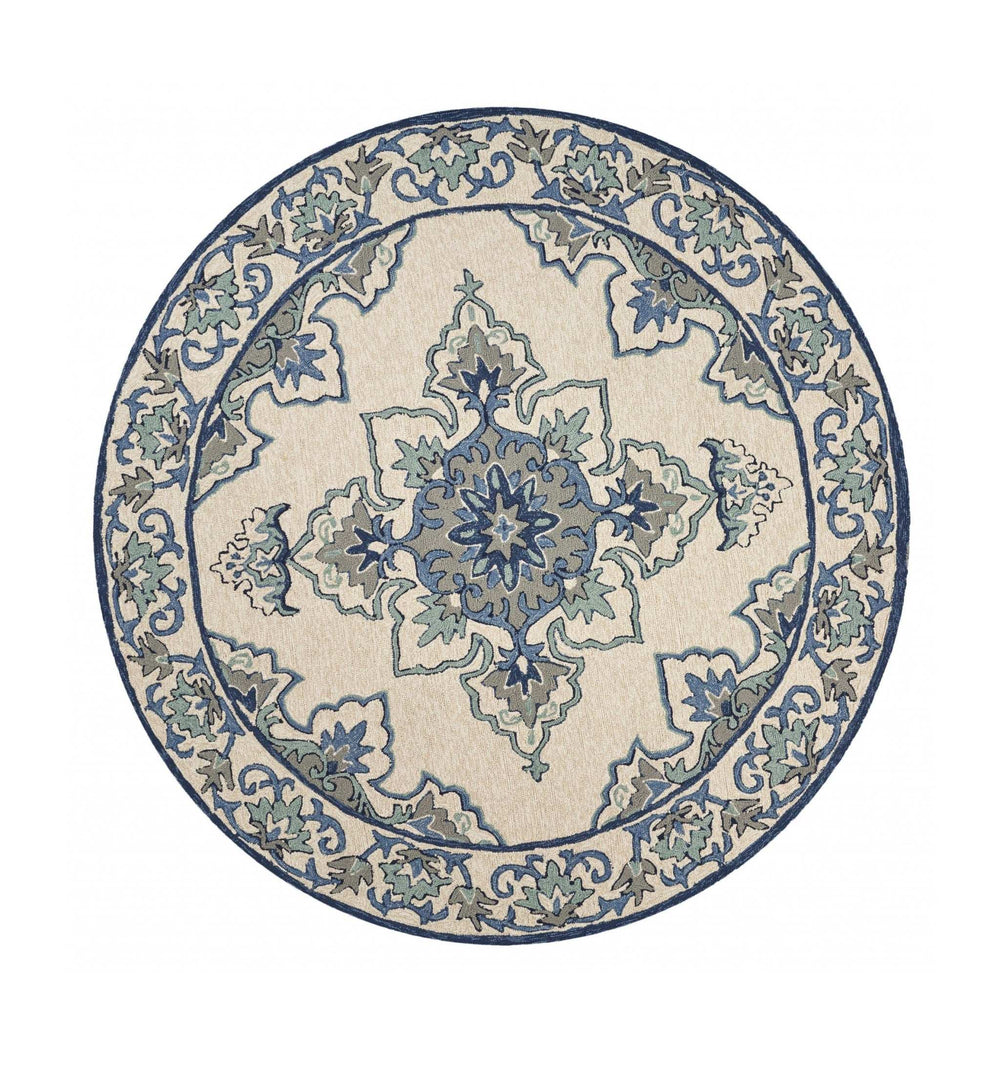 8' Round Gray and Ivory Round Damask Handmade Indoor Outdoor Area Rug - Homeroots - Flyclothing LLC