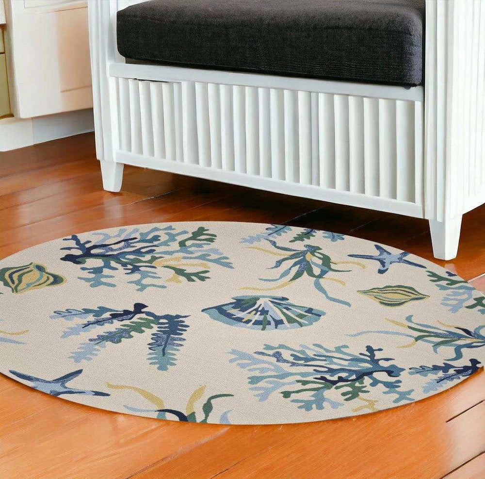7' Round Uv Treated Polypropylene Ivory Or Blue Area Rug - Homeroots - Flyclothing LLC