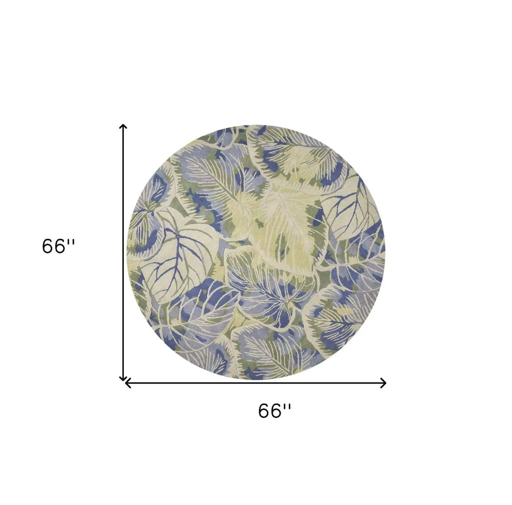 6' Blue Green Hand Tufted Tropical Leaves Round Indoor Area Rug - Homeroots - Flyclothing LLC
