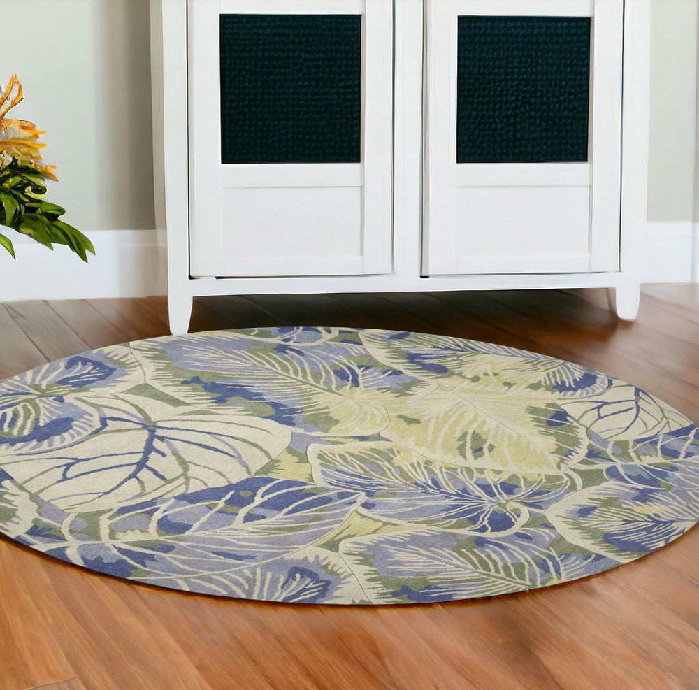 6' Blue Green Hand Tufted Tropical Leaves Round Indoor Area Rug - Homeroots - Flyclothing LLC