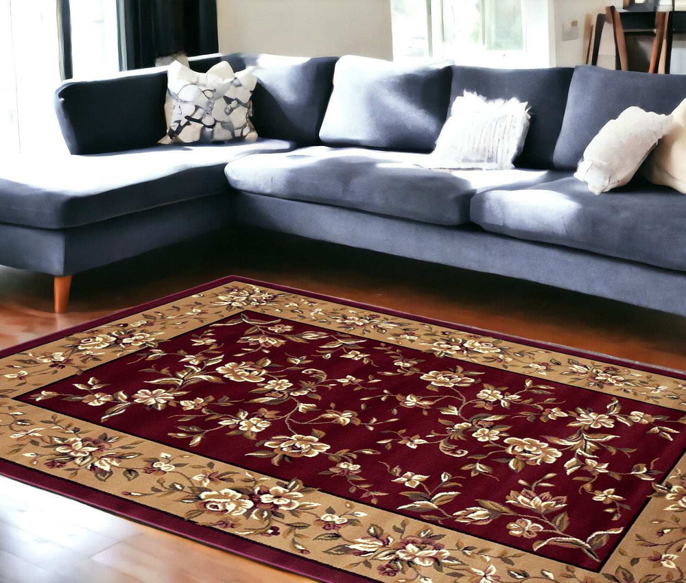 8' X 11' Red Beige Machine Woven Floral Traditional Indoor Area Rug - Homeroots - Flyclothing LLC