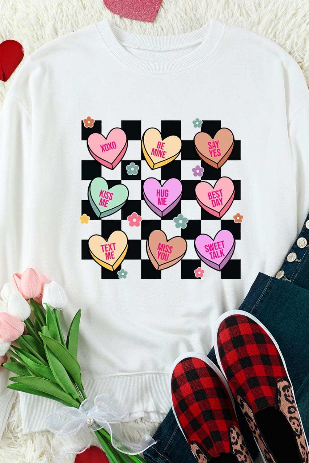 Valentine's Day Checkered Heart Long Sleeve Sweatshirt - Trendsi - Flyclothing LLC