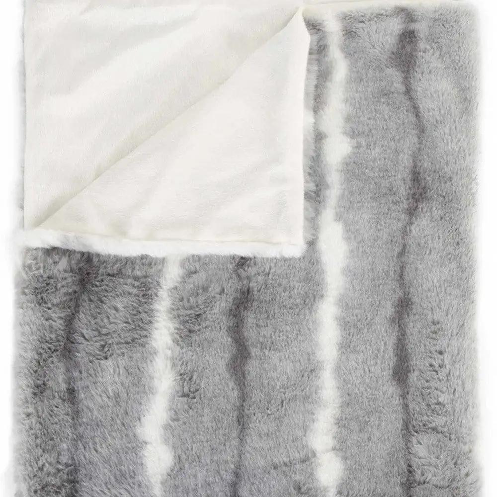 50" X 70" Gray and White Faux Fur Striped Plush Throw Blanket - Homeroots - Flyclothing LLC