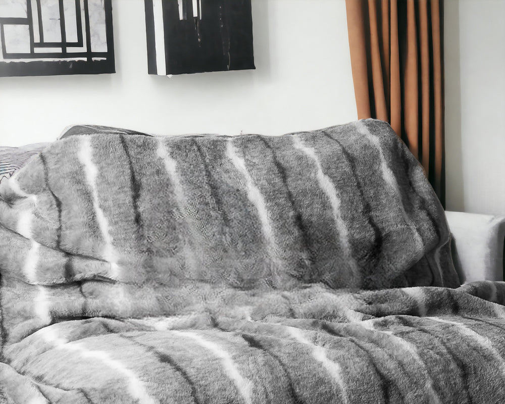 50" X 70" Gray and White Faux Fur Striped Plush Throw Blanket - Homeroots - Flyclothing LLC