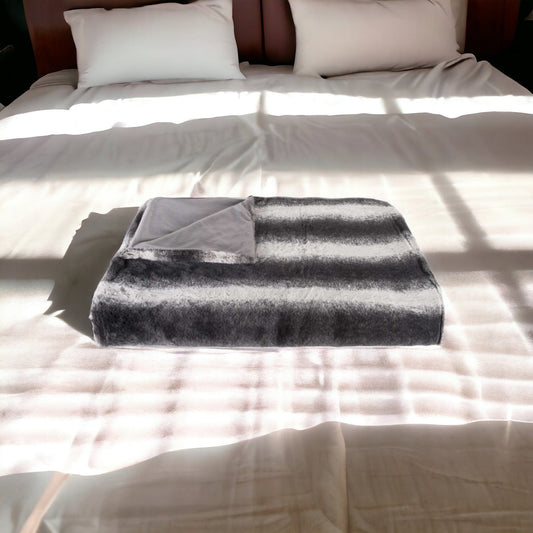 50" X 70" Gray and White Faux Fur Striped Plush Throw Blanket - Homeroots
