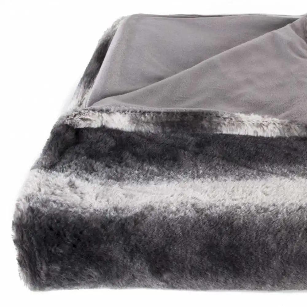50" X 70" Gray and White Faux Fur Striped Plush Throw Blanket - Homeroots - Flyclothing LLC