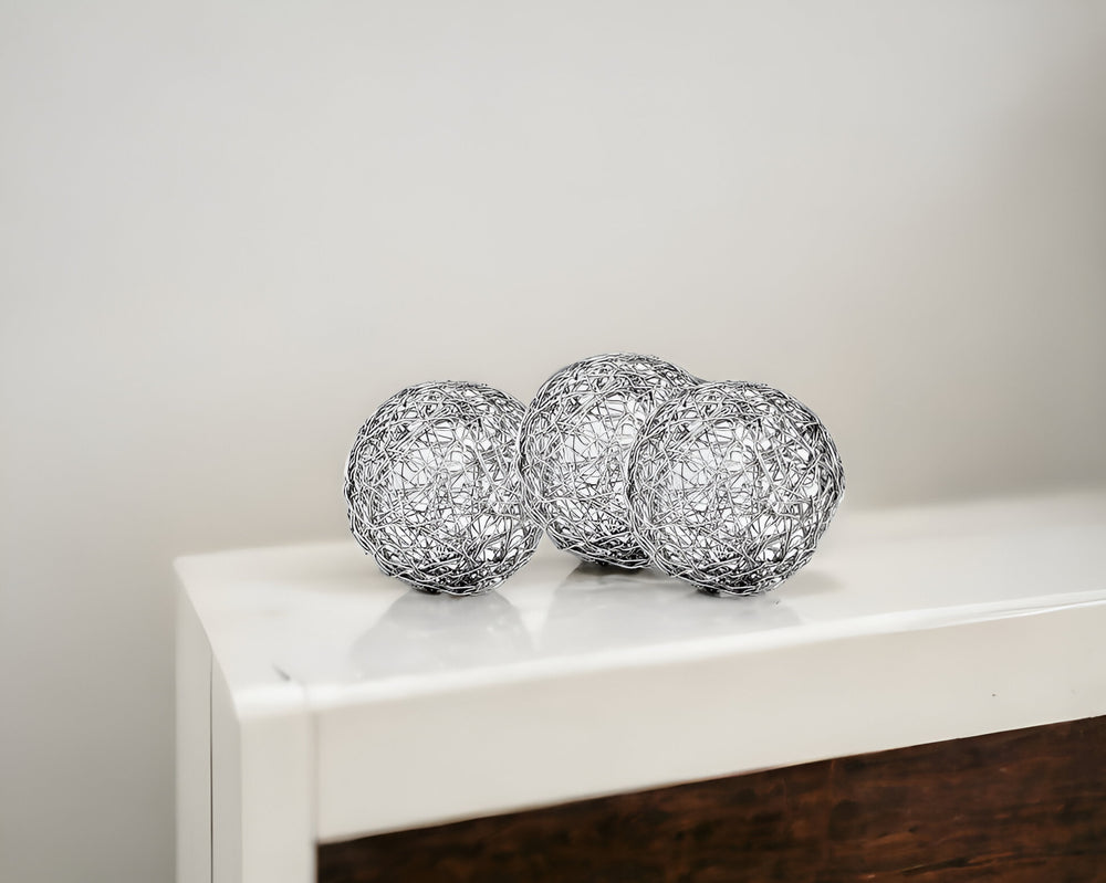 Set of Three Silver Wire 3" Decorative Orbs - Homeroots