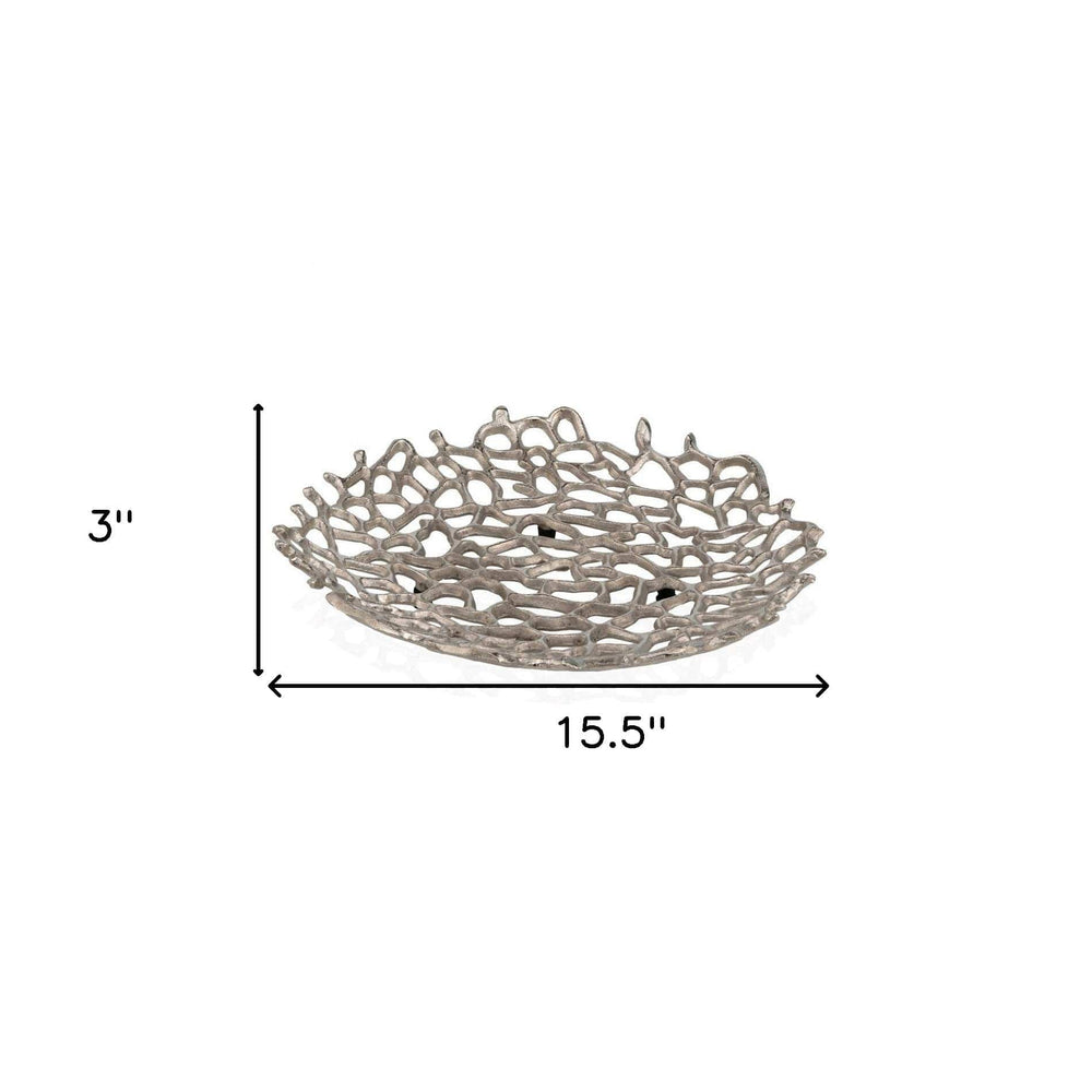 15" Silver Aluminum Coral Decorative Bowl - Homeroots