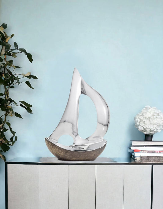 12" Brown and Silver Buffed Aluminum Sailboat Tabletop Sculpture - Homeroots
