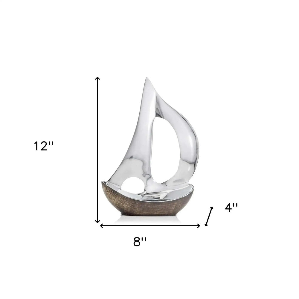 12" Brown and Silver Buffed Aluminum Sailboat Tabletop Sculpture - Homeroots