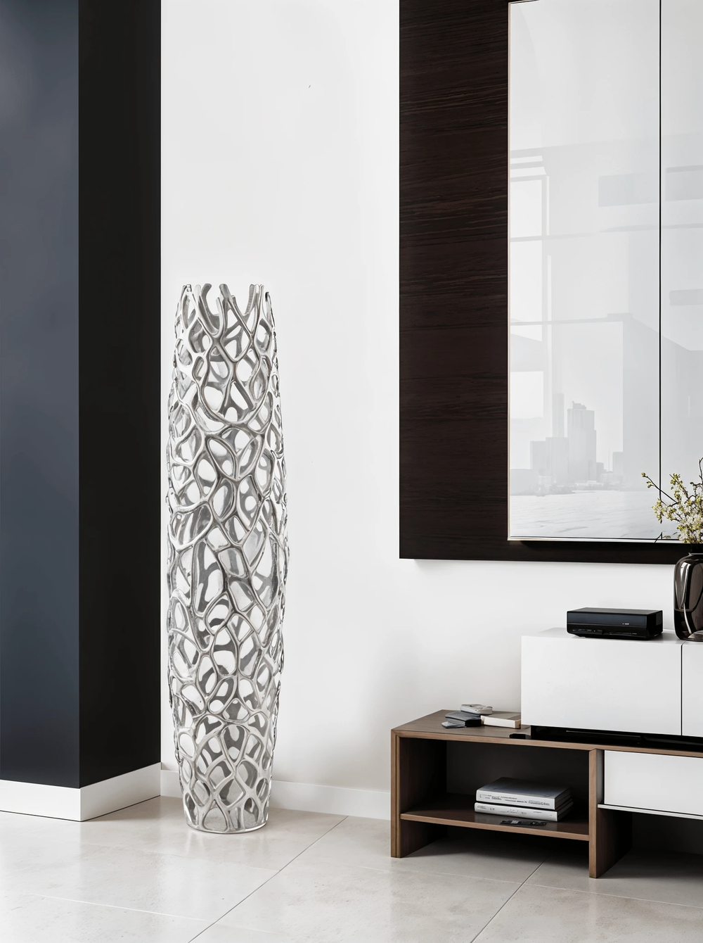 47" Aluminum Silver Twigs Cylinder Floor Vase - Homeroots