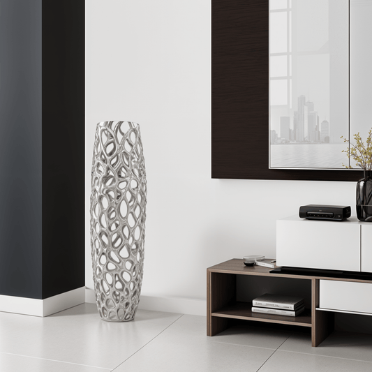 32" Aluminum Silver Twigs Cylinder Floor Vase - Homeroots