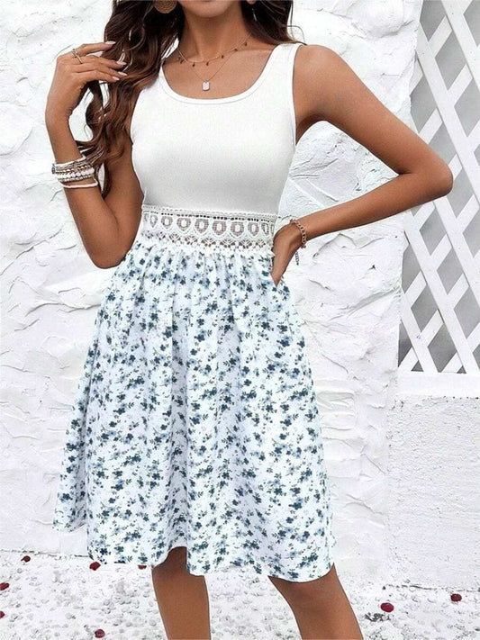 Lace Detail Floral Round Neck Sleeveless Dress - Trendsi - Flyclothing LLC