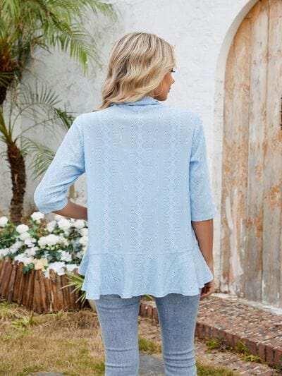 Eyelet Open Front Three-Quarter Sleeve Top - Trendsi - Flyclothing LLC