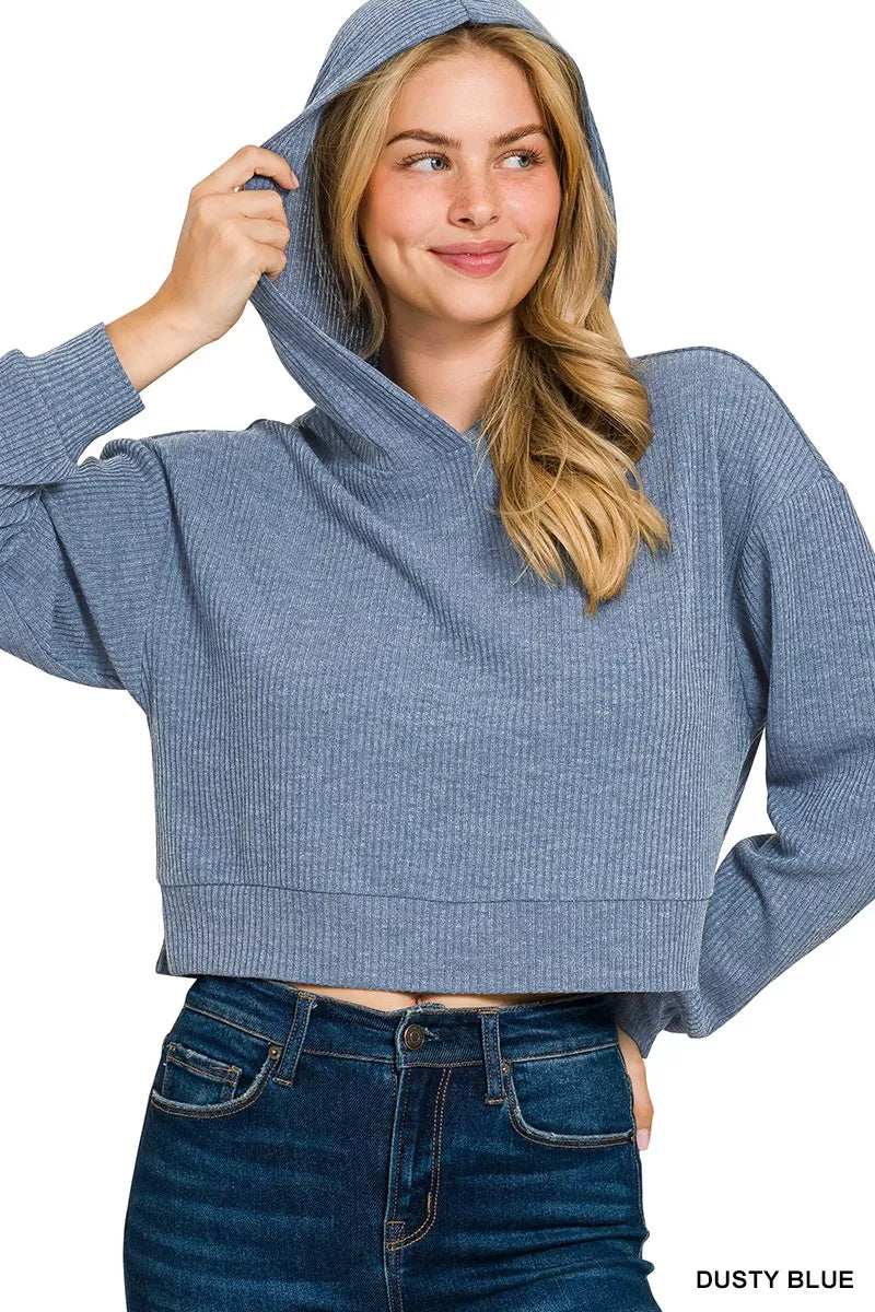 Zenana Drop Shoulder Ribbed Crop Hoodie - Trendsi - Flyclothing LLC