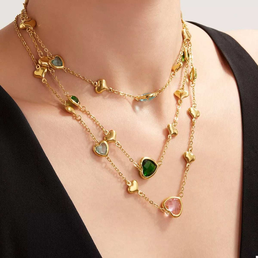 18K Gold-Plated Heart Necklace with Glass Stone - Trendsi - Flyclothing LLC