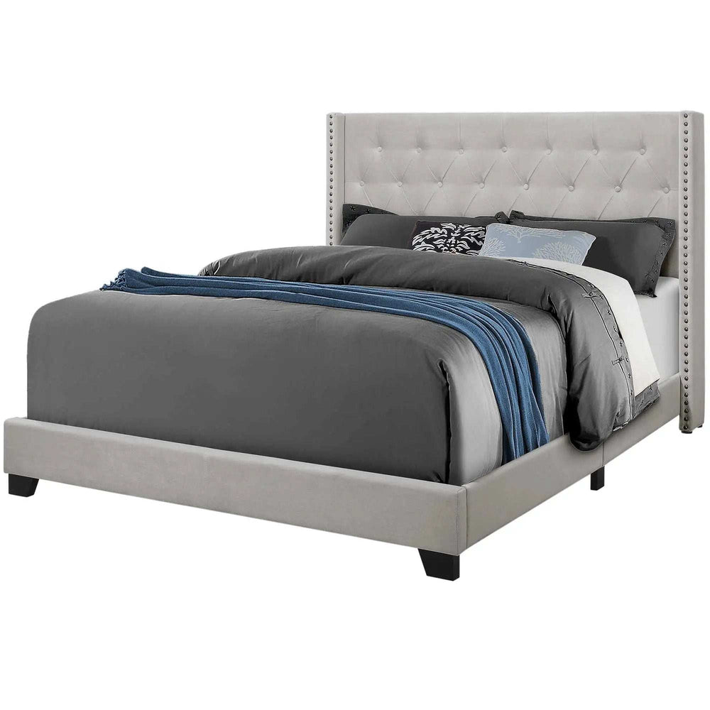 Solid Wood Queen Tufted Gray And Light Gray Upholstered Velvet Bed With Nailhead Trim - Homeroots - Flyclothing LLC