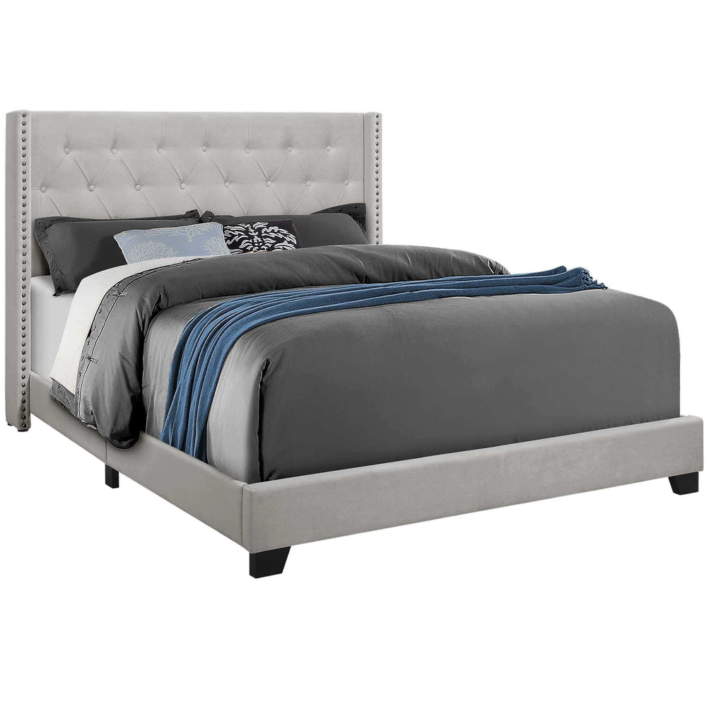 Solid Wood Queen Tufted Gray And Light Gray Upholstered Velvet Bed With Nailhead Trim - Homeroots - Flyclothing LLC