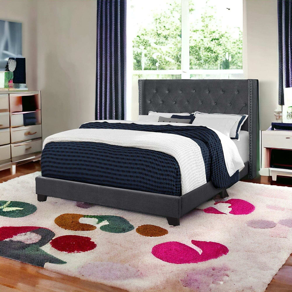 Solid Wood Queen Tufted Gray Upholstered Velvet Bed With Nailhead Trim - Homeroots - Flyclothing LLC