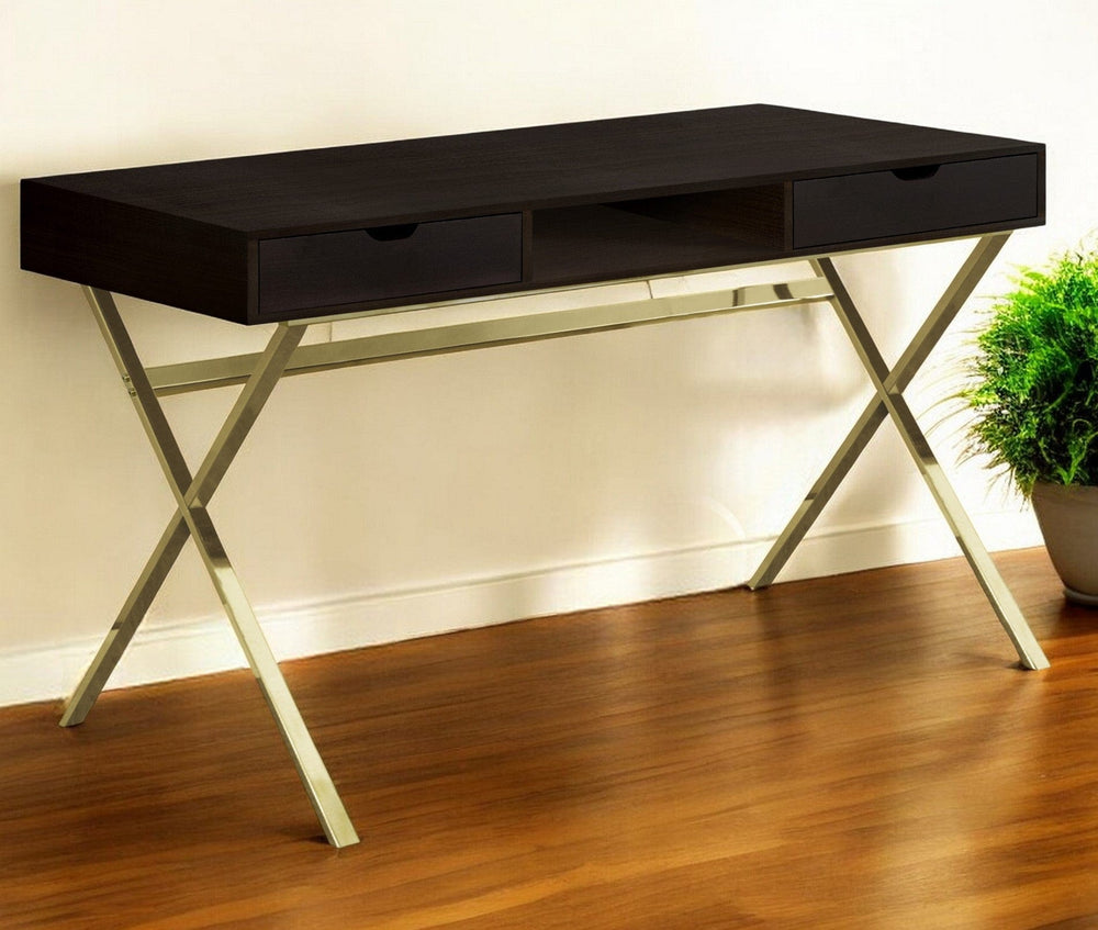 24" Dark Brown and Gold Computer Desk With Two Drawers - Homeroots - Flyclothing LLC