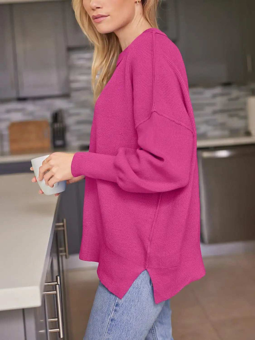 Slit Round Neck Dropped Shoulder Sweater - Trendsi - Flyclothing LLC