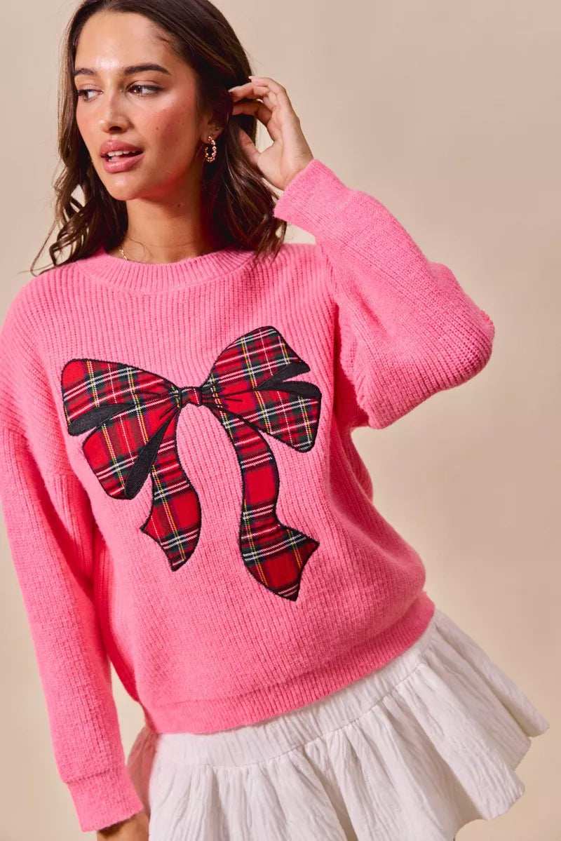 SO ME Checker Plaid Ribbon Christmas Holiday Sweater - Trendsi - Flyclothing LLC