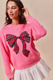 SO ME Checker Plaid Ribbon Christmas Holiday Sweater - Trendsi - Flyclothing LLC