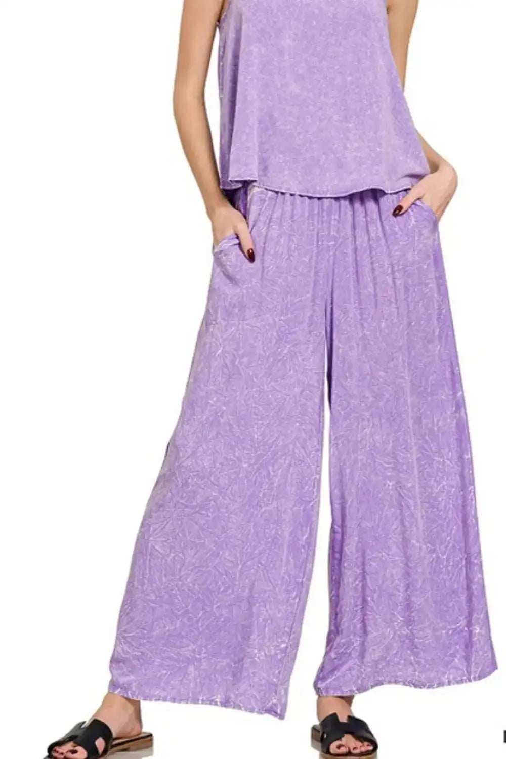 Zenana Woven Acid Crinkle Washed Cami & Pants 2 Piece Set - Trendsi - Flyclothing LLC