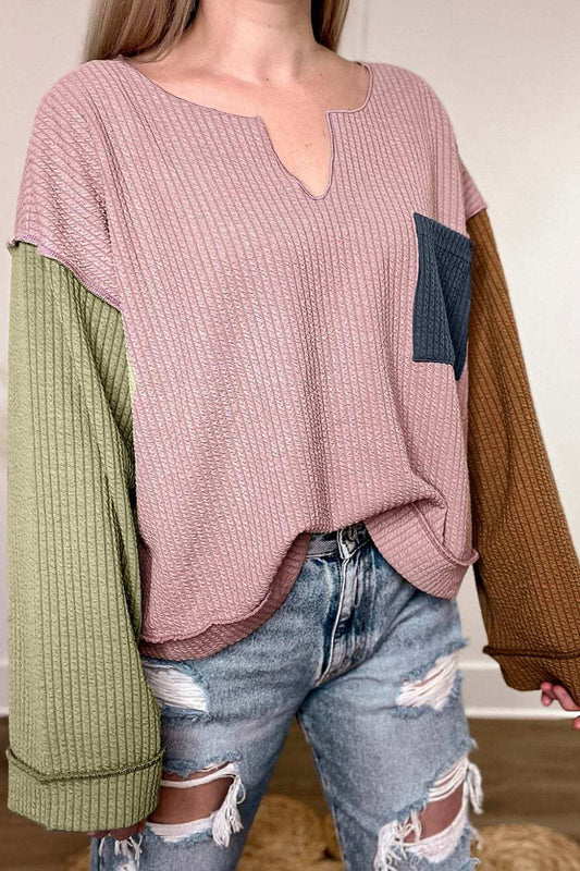 Color Block Textured Notched Long Sleeve Top - Trendsi - Flyclothing LLC