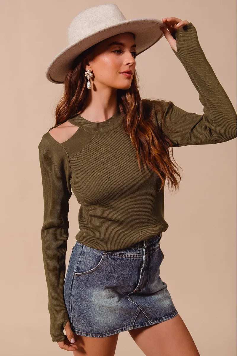 SO ME Rib Knit Top with Shoulder Cut Out - Trendsi - Flyclothing LLC