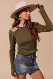 SO ME Rib Knit Top with Shoulder Cut Out - Trendsi - Flyclothing LLC